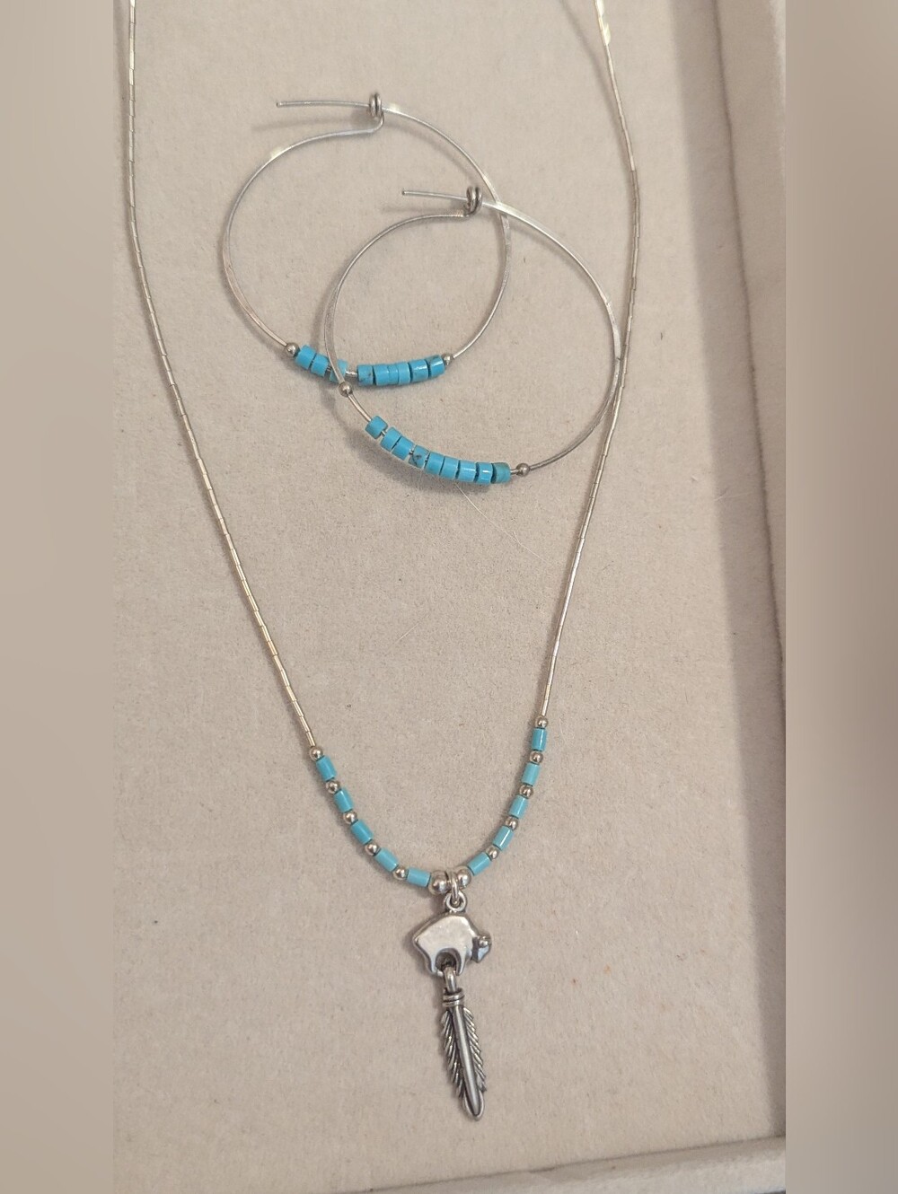 SterlingSilver Feather Pendant Necklace & Hoop Earrings Set with Turquoise Beads